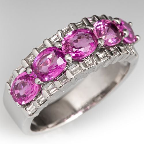 Five Stone Pink Sapphire & Diamond Band Ring 18K White Gold