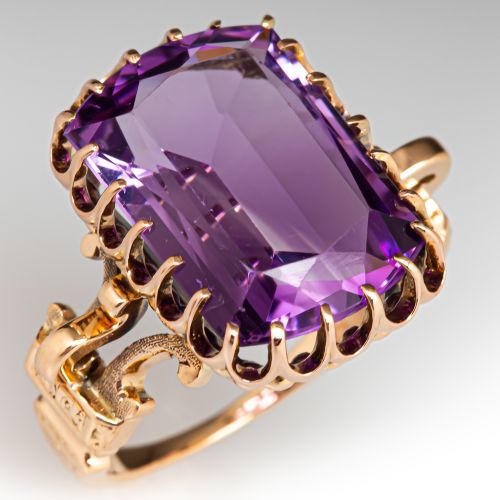 Antique Engraved Cushion Amethyst Ring 14K Yellow Gold