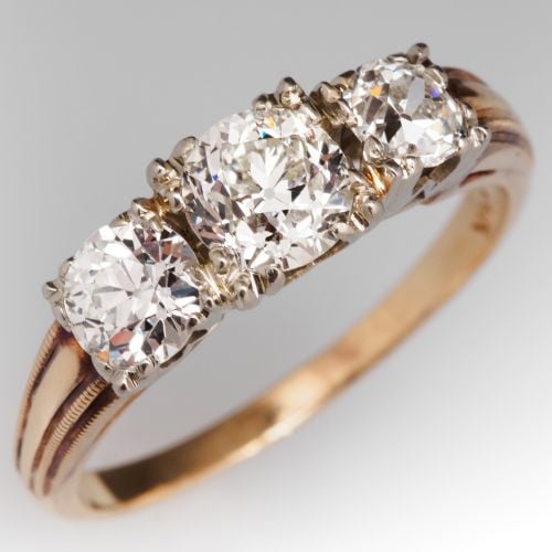 Vintage Three Stone Old Euro Diamond Engagement Ring 14K & 18K Gold