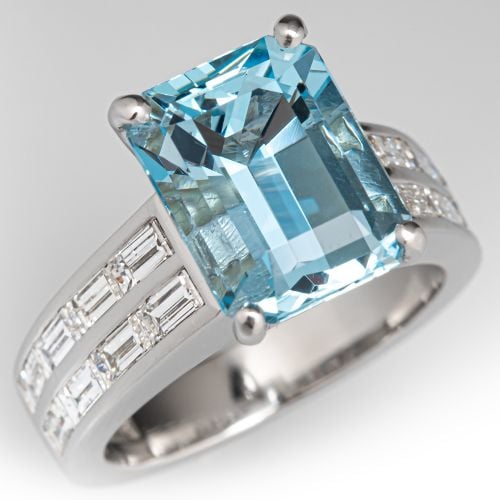 5 Carat Emerald Cut Aquamarine & Baguette Diamond Ring Platinum