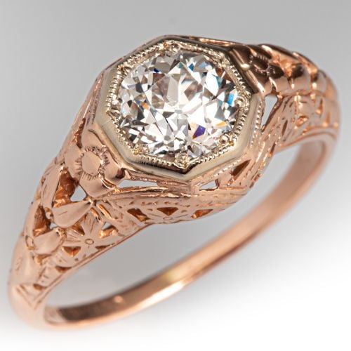 Circa 1940s Old Euro Diamond Solitaire Engagement Ring 14K Rose Gold 1.03Ct J/VS2 GIA