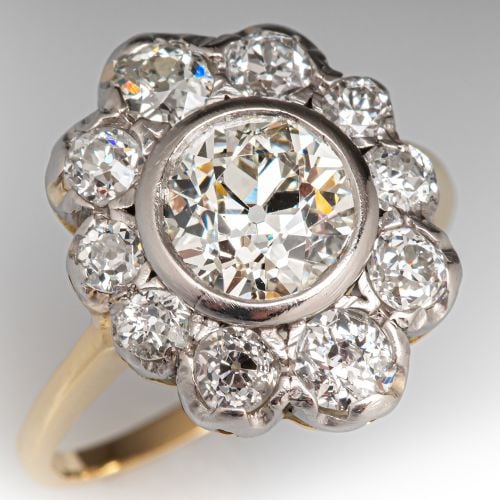 Old Euro Diamond Halo Engagement Ring 18K Yellow Gold & Platinum 1.47Ct J/I1