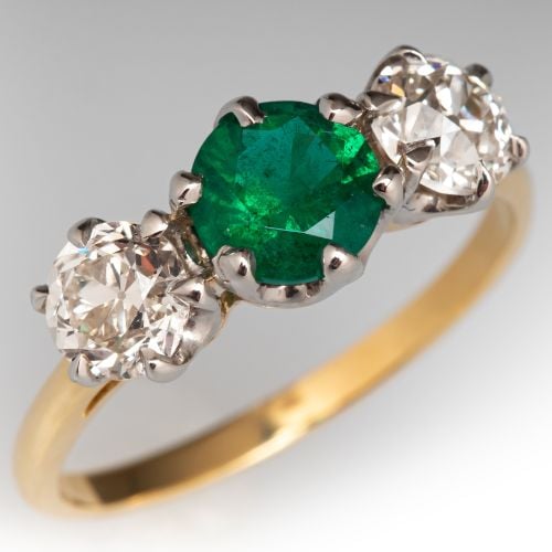 Three Stone Emerald & Old Euro Diamond Ring 18K Yellow Gold/ Platinum