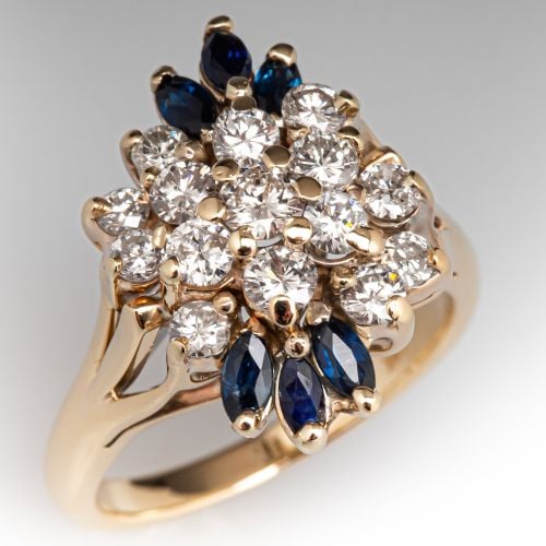 Marquise Sapphire & Diamond Cluster Ring 14K Yellow Gold