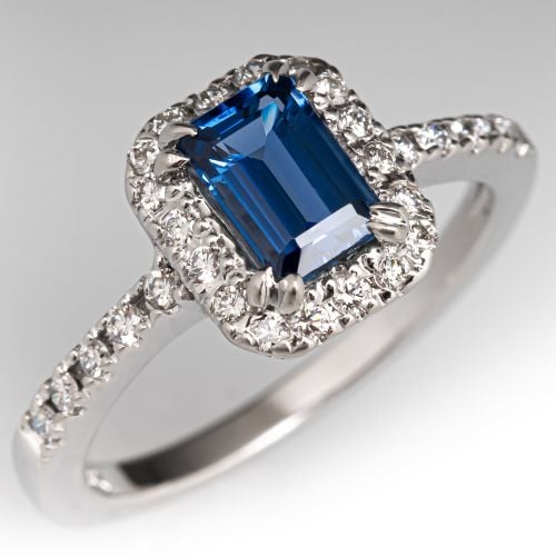 Emerald Cut Sapphire Halo Ring 14K White Gold