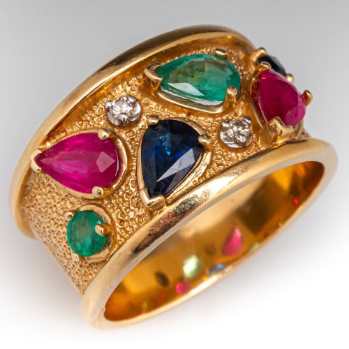 Emerald Sapphire & Ruby Wide Band Ring 14K Yellow Gold
