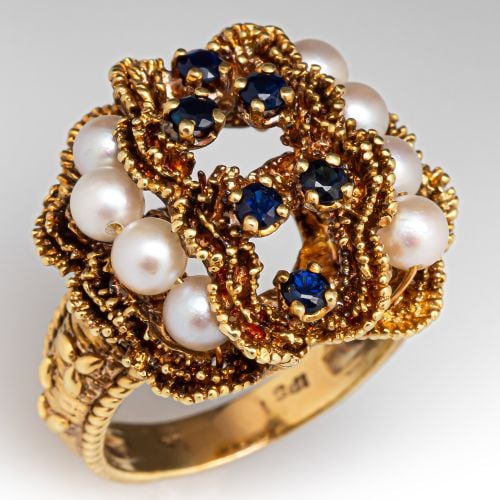 Vintage Organic Design Sapphire and Pearl Cocktail Ring 14K Yellow Gold