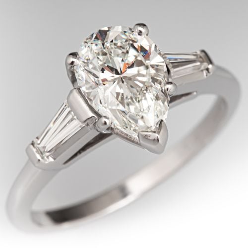 Pear Diamond Engagement Ring w/ Baguettes Platinum 1.54Ct J/VS1 GIA