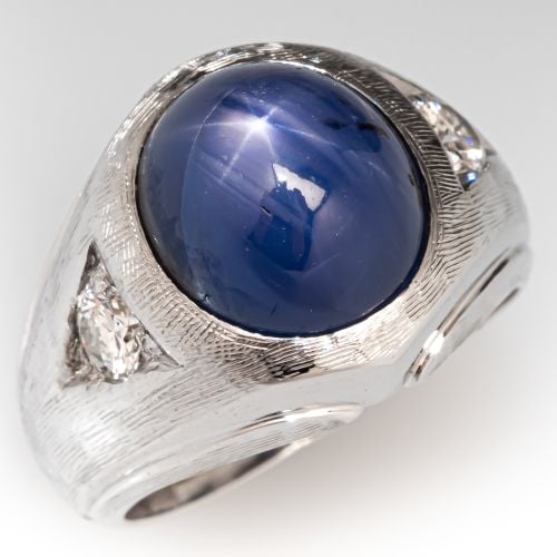 11 Carat Mens Star Sapphire Ring 14K White Gold