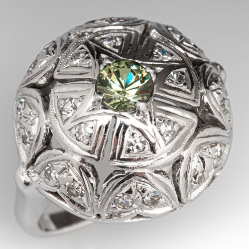 Vintage Domed Demantoid Garnet & Diamond Ring 14K White Gold