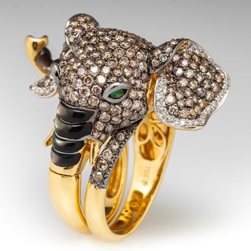 Neda Behnam Diamond & Tsavorite Garnet Elephant Ring 18K Yellow Gold, Size 10
