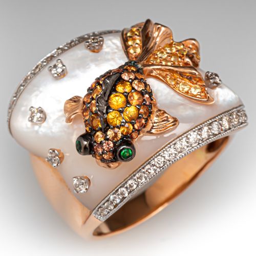 Neda Behnam Mother of Pearl Sapphire & Diamond Fish Ring 14K Rose Gold