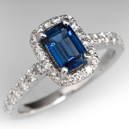 Emerald Cut Sapphire & Diamond Halo Engagement Ring 14K White Gold