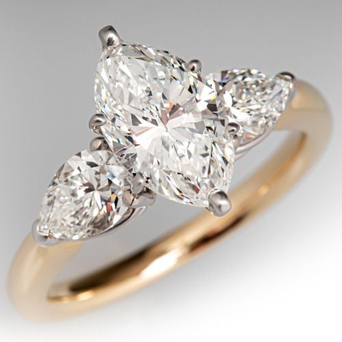 2 Carat Marquise Diamond Three Stone Engagement Ring 14K Gold 2.03Ct H/SI1 GIA