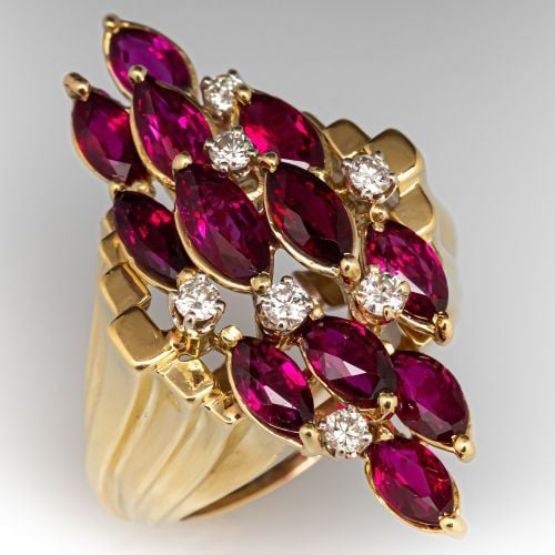 Vintage Marquise Ruby & Diamond Cluster Ring 18K Yellow Gold