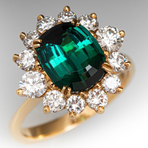 Green Tourmaline Ring w/ Diamond Halo 18K Yellow Gold