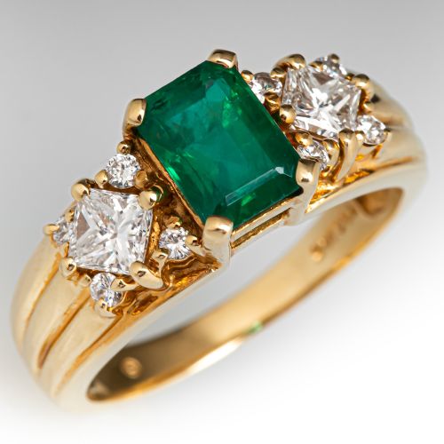 Beautiful Emerald & Princess Cut Diamond Ring 14K Yellow Gold 