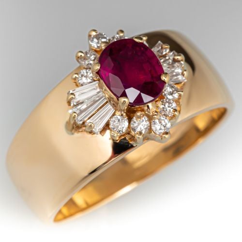 Stunning Oval Ruby Diamond Halo Ring 14K Yellow Gold