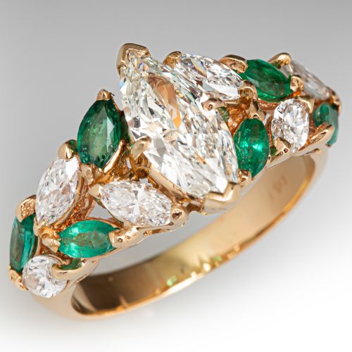 Marquise Diamond & Marquise Emerald Ring 14K Yellow Gold 1.13Ct J/VVS2 GIA