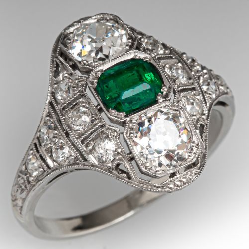 Intricate Circa 1920s Emerald & Diamond Ring 18K White Gold