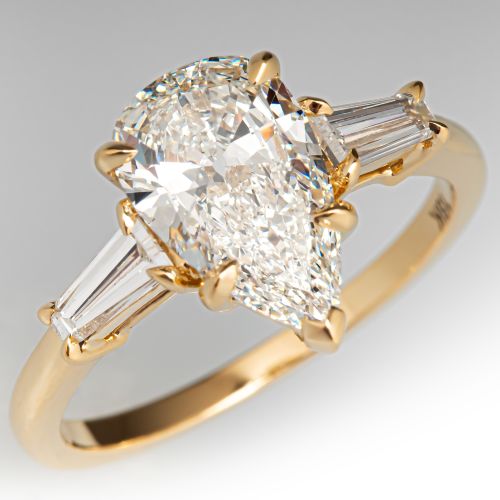 Claw Prong Pear Diamond Ring Engagement 18K Yellow Gold 1.67Ct J/SI1 GIA