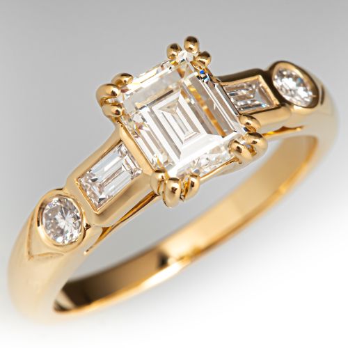 Step Cut Diamond Engagement Ring w/ Bezel Accents 18K Yellow Gold 1.22Ct H/VS2 GIA