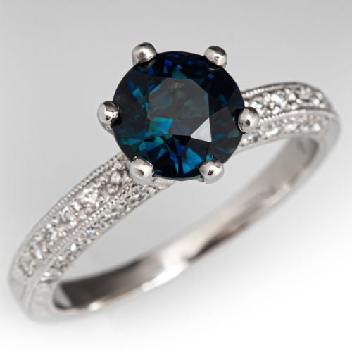 Milgrain Teal Sapphire Engagement Ring Platinum