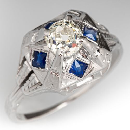 Art Deco Old Mine Cut Diamond Engraved Ring 18K White Gold 