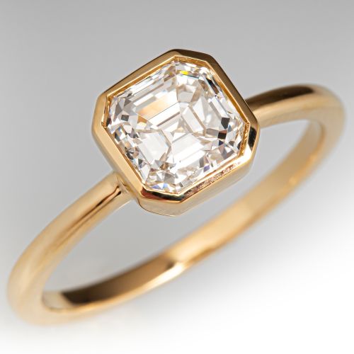 Bezel Set Square Emerald Cut Diamond Engagement Ring 18K Yellow Gold 1.33Ct F/VVS2 GIA