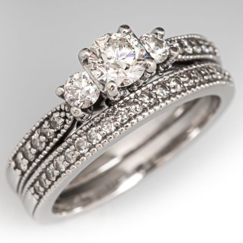 Three Stone Diamond Engagement Ring Wedding Set 14K White Gold .45ct H/I1