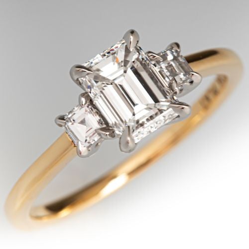 Claw Prong Emerald Cut Diamond Engagement Ring 18K Yellow Gold / Platinum .92Ct E/VVS2 GIA