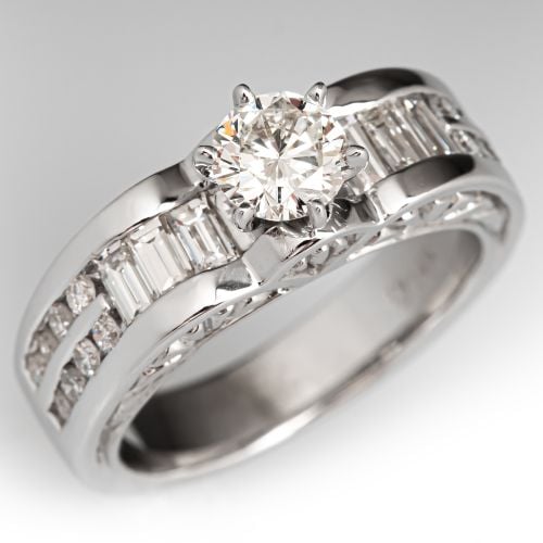 Etched Diamond Ring w/ Baguette Cut Diamond Accents 14K White Gold