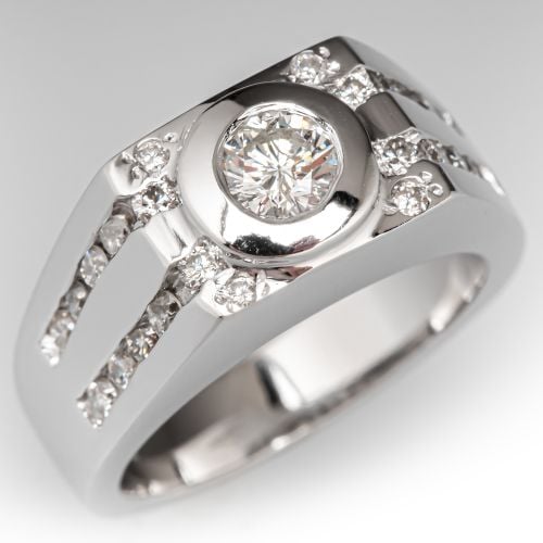 Wide Band Bezel Diamond Ring 14K White Gold 