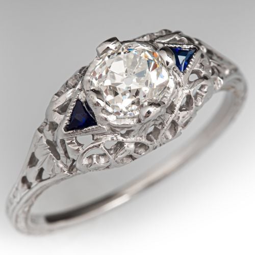 Old Mine Diamond Art Deco Ring 18K White Gold