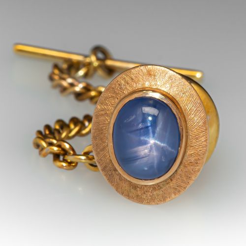 Star Sapphire Tie Pin w/ Florentine Finish 14K Yellow Gold