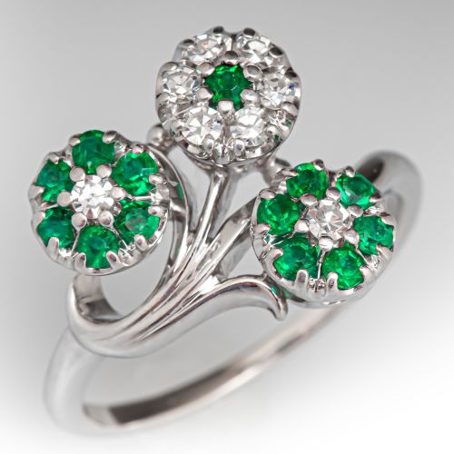 Flower Bunch Motif Diamond Emerald Ring 14K White Gold