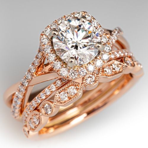 1.02ct F/VVS2 Lab Grown Diamond Set in 14K Rose Gold Fused Bridal Ring Set