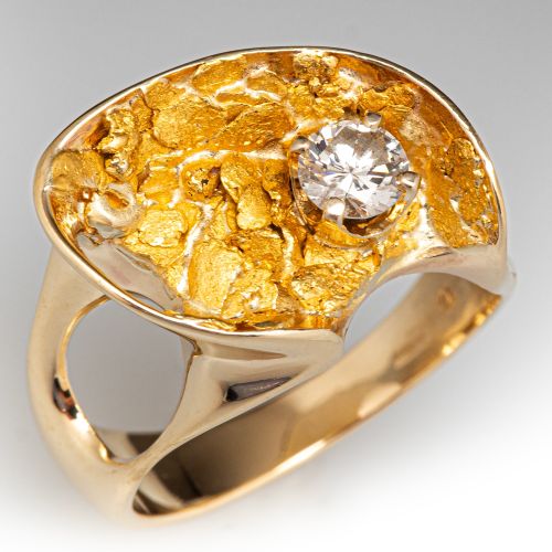 Curving Gold Nugget Diamond Ring 14K Yellow Gold