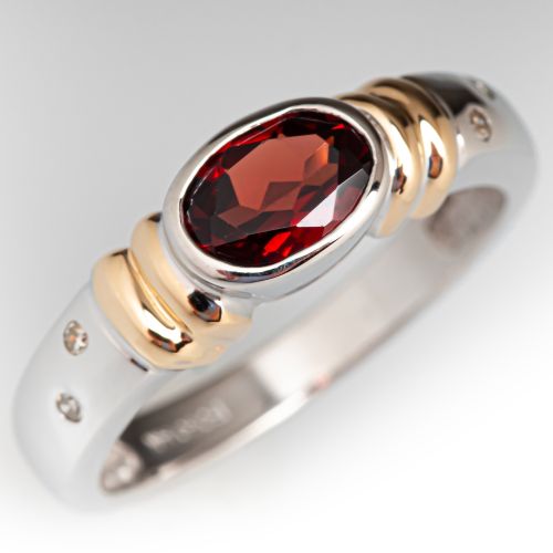 East to West Set Oval Garnet Ring 14K Two Tone Gold