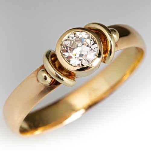 Bezel Set Old Euro Diamond Engagement Ring 14K Yellow Gold