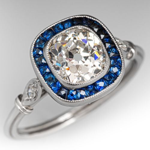 Exceptional Old Mine Cut Diamond Ring w/ Sapphire Halo Platinum 