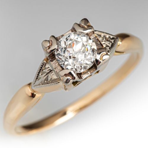 Engraved Vintage Diamond Engagement Ring 14K Yellow Gold .42Ct I/I1 GIA
