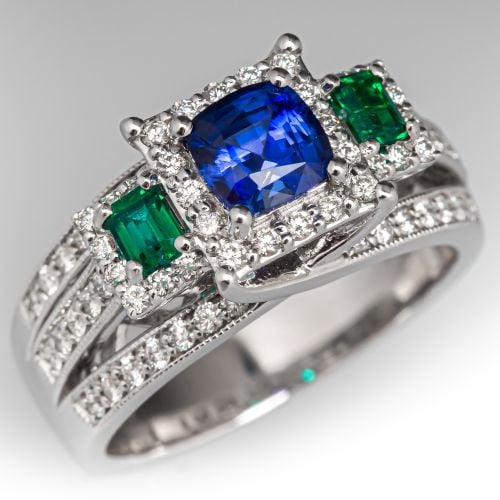 Mesmerizing Emerald & Sapphire Ring 18K White Gold
