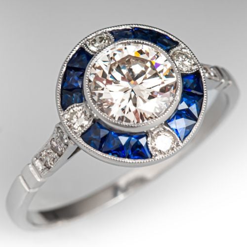 Sapphire Halo Bezel Set Diamond Ring Platinum .93Ct K/VS1