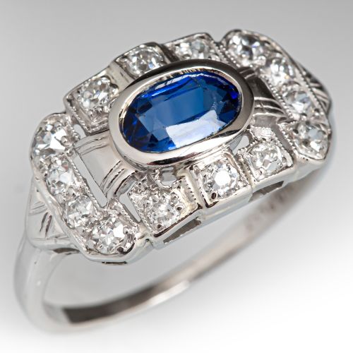 East to West Set Vintage Lab Sapphire Ring Platinum