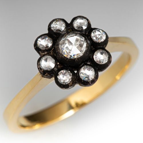 Antique Style Rose Cut Diamond Ring 18K Yellow Gold/ Sterling Silver
