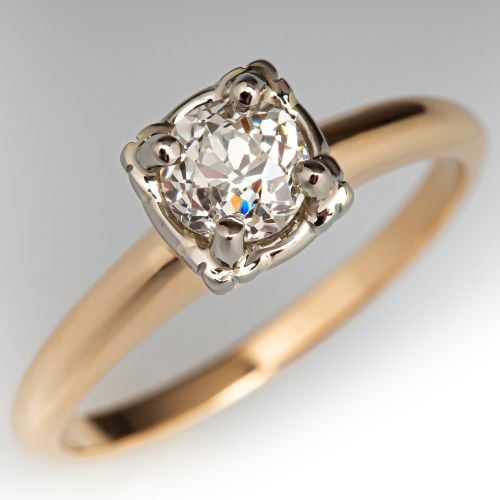 Old Euro Diamond Solitaire Engagement Ring 14K Two Tone Gold .59Ct J/SI1 GIA
