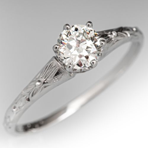 Engraved 1930 Diamond Solitaire Engagement Ring 18K White Gold .48Ct I/SI1 GIA