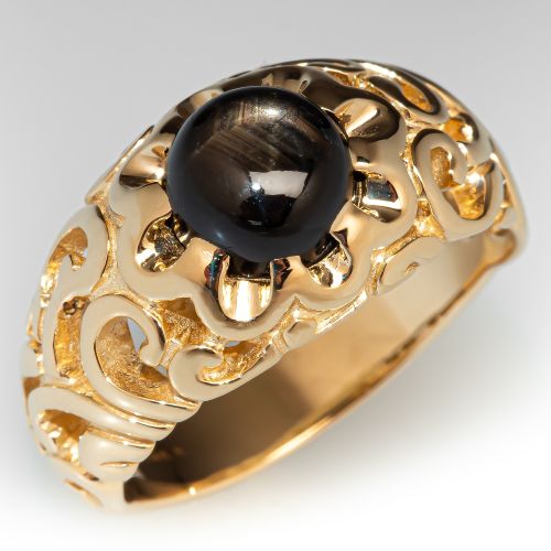 Swirling Black Star Sapphire Ring 14K Yellow Gold