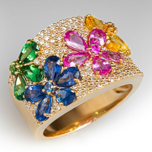 Colorful Wide Band Sapphire Tsavorite Garnet Flower Ring 14K Yellow Gold